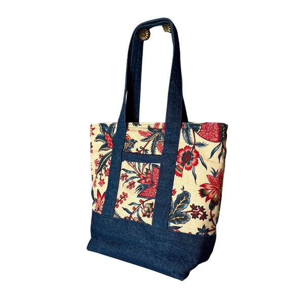 Handmade Denim & Floral Canvas Tote Bag with Pockets 13x14x6 - Picture 5 of 13